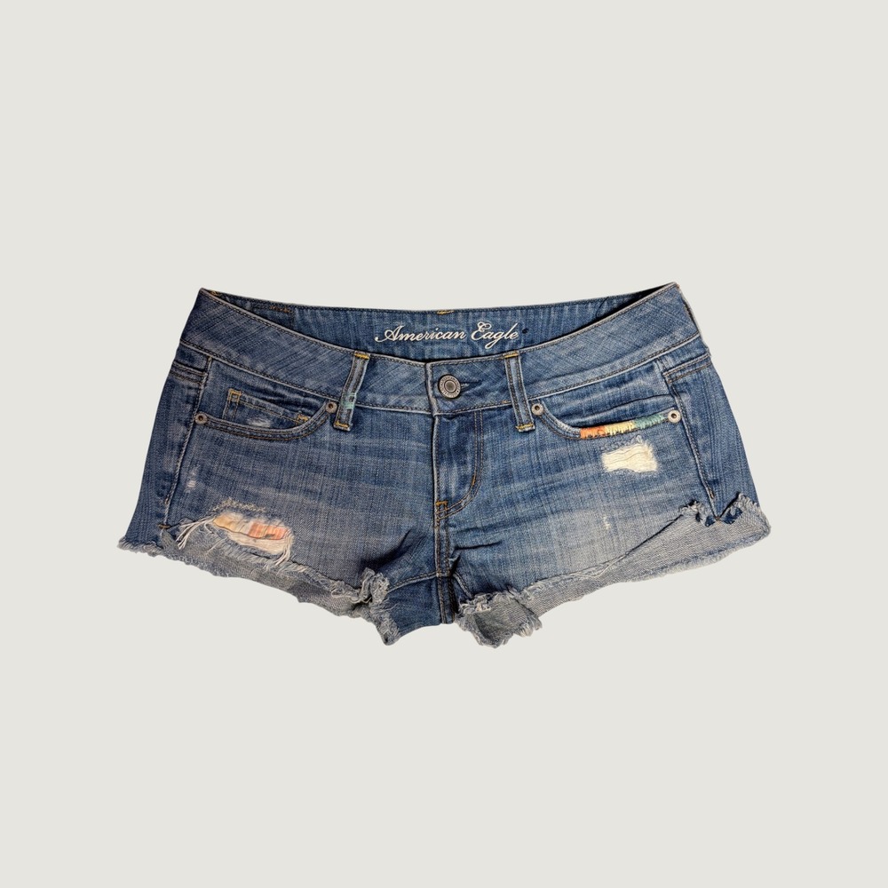 Y2K American Eagle Distressed Denim Micro Mini Shorts Light Wash Low Rise #16